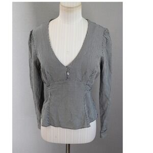 INTERMIX Top 8 Black White Gingham Wrap Long Sleeve V Neck Peplum Blouse